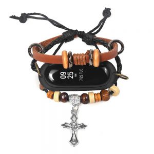 Leather Beading Replacement Strap for Xiaomi Mi Band 3 Brown