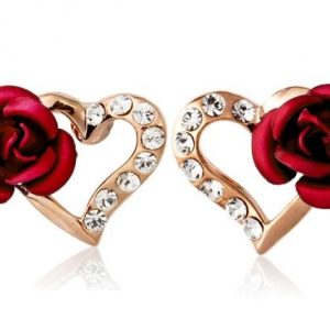 Rose Accented Heart Stud Earrings Red